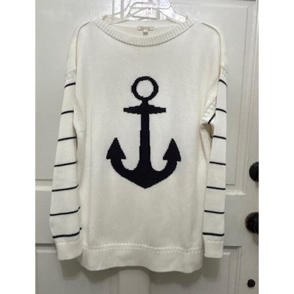 Barbour Sweater Nautical Coastal Anchor Navy White Stripe Crew Neck Sz 16 - Picture 1 of 10